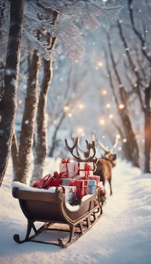 A vintage postcard scene featuring a sleigh filled with gifts, being led by reindeers through a winter wonderland. Tapet [6e1fa2395bdd403cae6d]