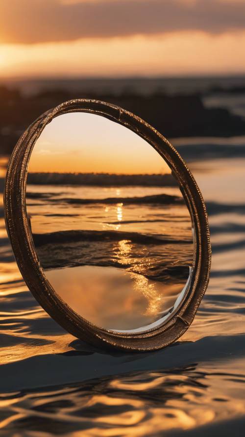 Um pôr do sol dourado que se reflete num mar espelhado.