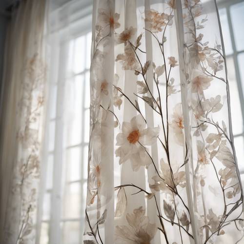 Cetakan bunga Skandinavia yang rumit pada tirai putih tipis di ruang tamu yang berangin.