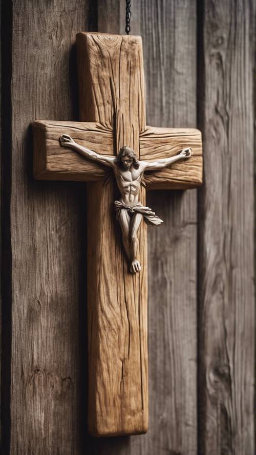A classic Christian cross made of oak wood hanging on a rustic wall