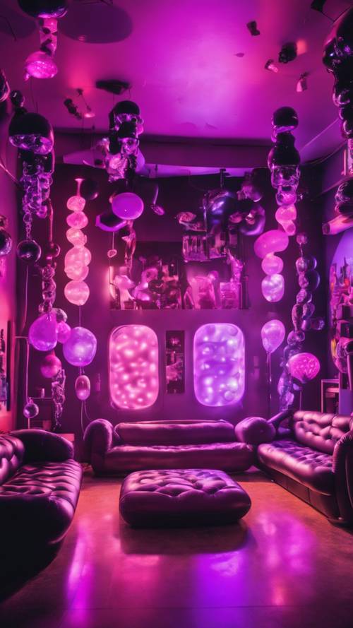 Pokój urządzony w estetyce Y2K z czarno-fioletowymi lampami lawowymi, zasłonami z koralików i nadmuchiwanymi meblami