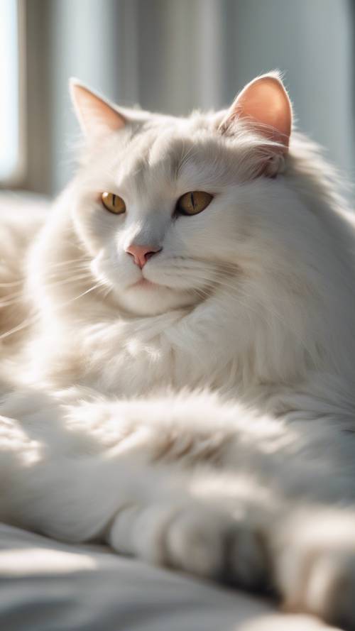 Un gato maduro y elegante con pelaje blanco puro, durmiendo tranquilamente sobre un lujoso cojín blanco en una habitación iluminada por el sol.