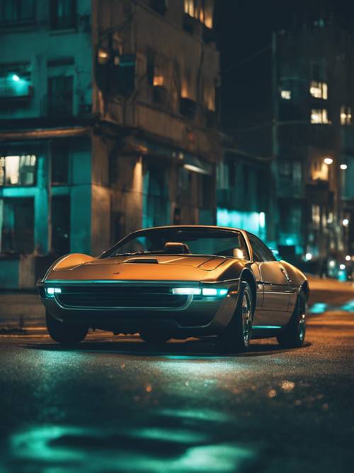 Гладкая спортивная машина, припаркованная ночью на пустой дороге, в которой отражаются бирюзовые огни города.