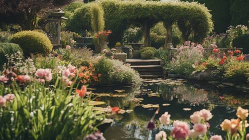 A charming English garden in spring, filled with neatly manicured flower beds and a lively koi pond.