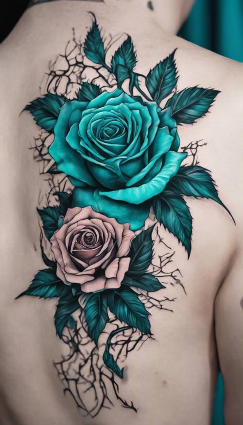 A teal rose tattoo design with curling leaves and detailed thorns.