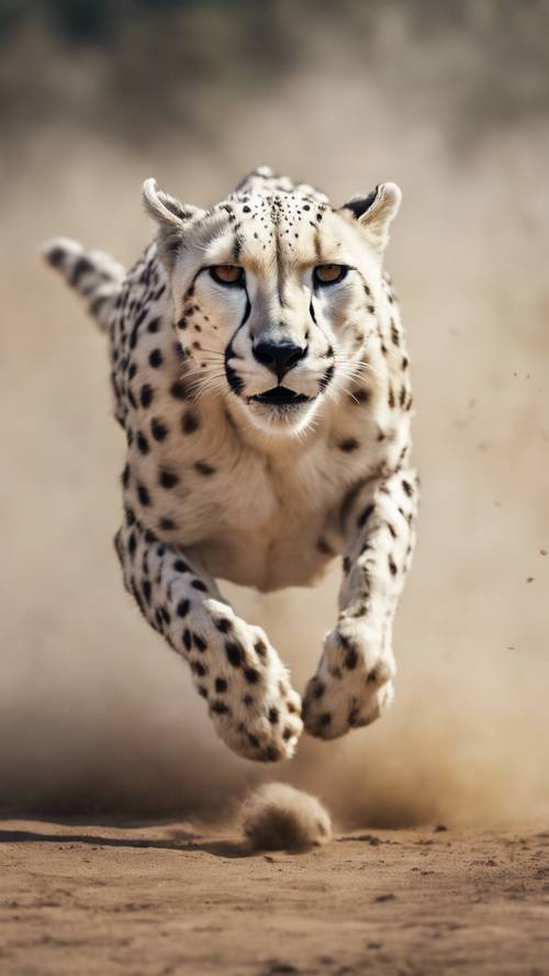 照片中，一隻白色獵豹追趕著一隻騰躍的瞪羚，周圍籠罩著一層塵土。