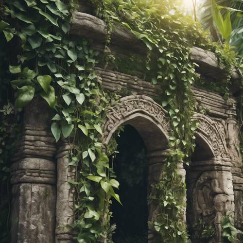 古代の石の寺院に登る緑豊かな熱帯のつる植物