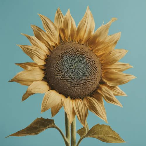 アールデコ柄の向日葵がパウダーブルーの背景に描かれた壁紙