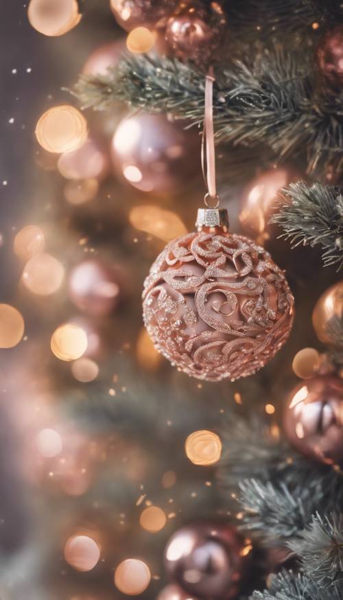 Eleganti ornamenti natalizi in oro rosa appesi delicatamente a un albero di Natale gelido.