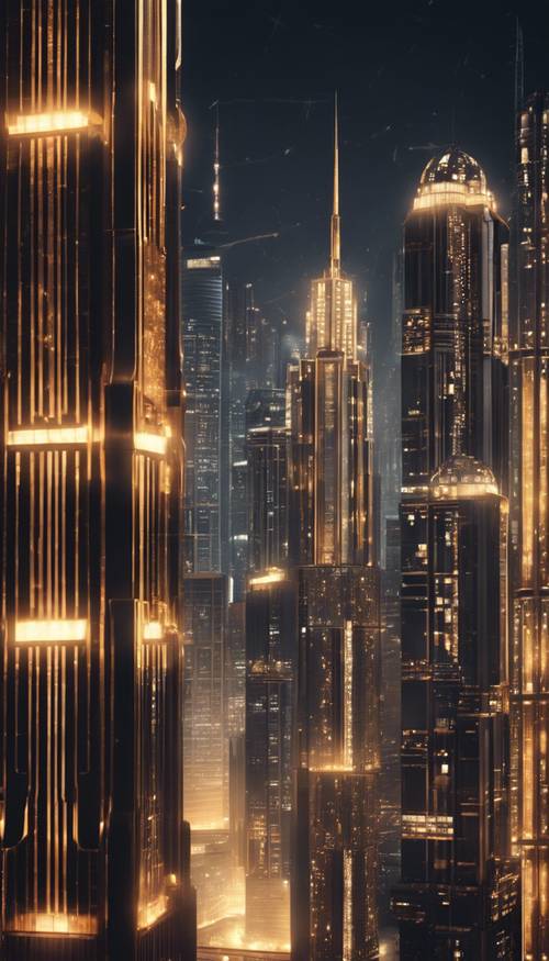 A dazzling nighttime cityscape showcasing towering modern Art Deco skyscrapers with golden lights. Tapet [108bf1196def4fcc8504]