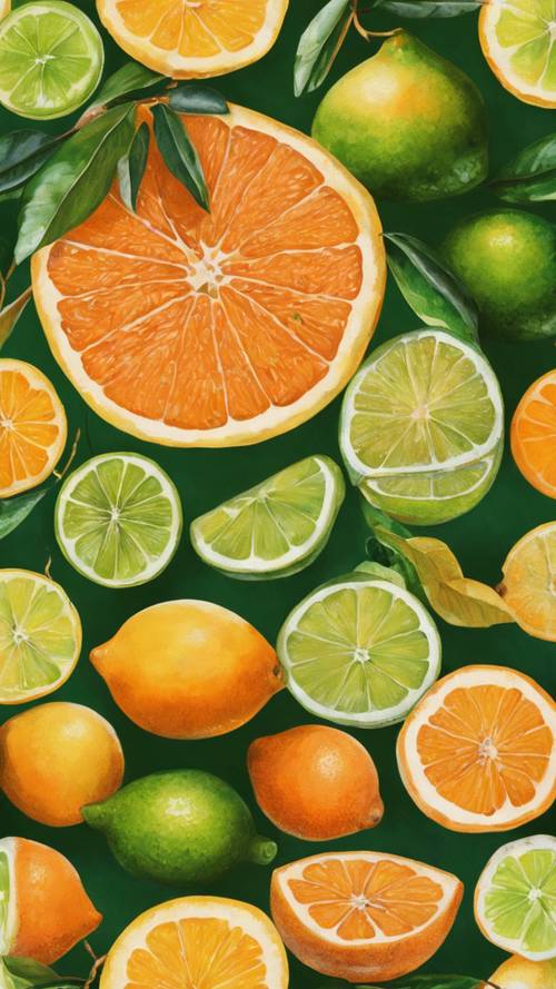 Martwa natura przedstawiająca grupę owoców cytrusowych, przedstawiająca różne odcienie pomarańczy i zieleni.