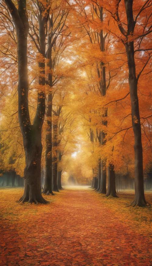 Żywa fototapeta przedstawiająca jesienny krajobraz z opadającymi liśćmi.