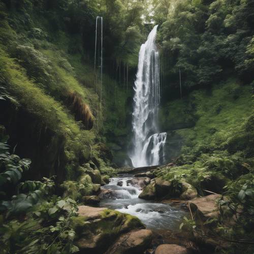 A glistening waterfall flowing down a tall boho-style mountain, with lush greenery all around.