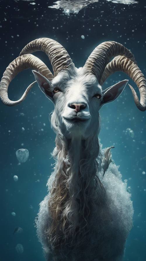 Un majestuoso Capricornio, la criatura mítica con cuerpo de pez y cabeza de cabra, nadando bajo la superficie de un océano claro e iluminado por la luna.