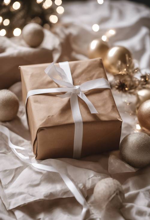 A beautifully wrapped simple brown paper Christmas gift with a white ribbon