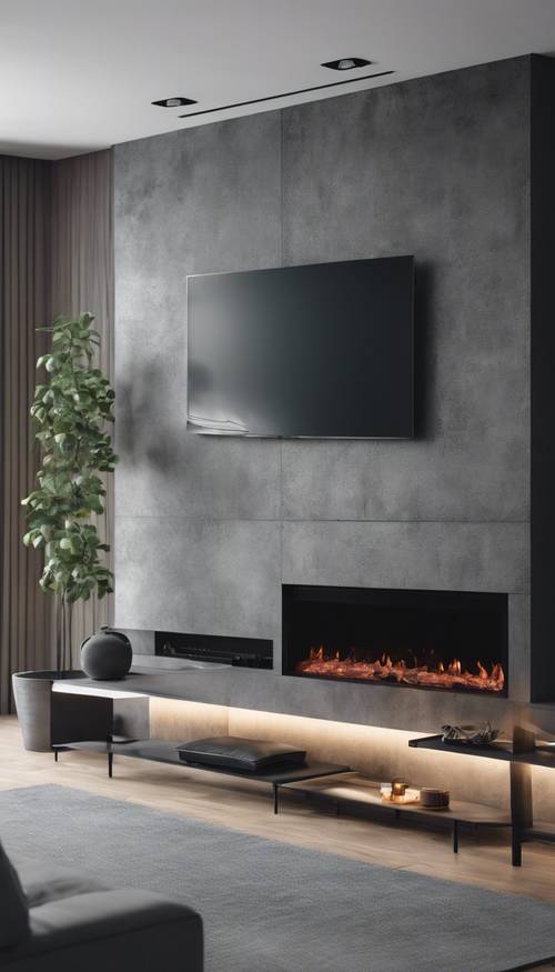 Ruang tamu minimalis bertema abu-abu modern, dengan televisi yang terpasang di dinding dan perapian yang nyaman.