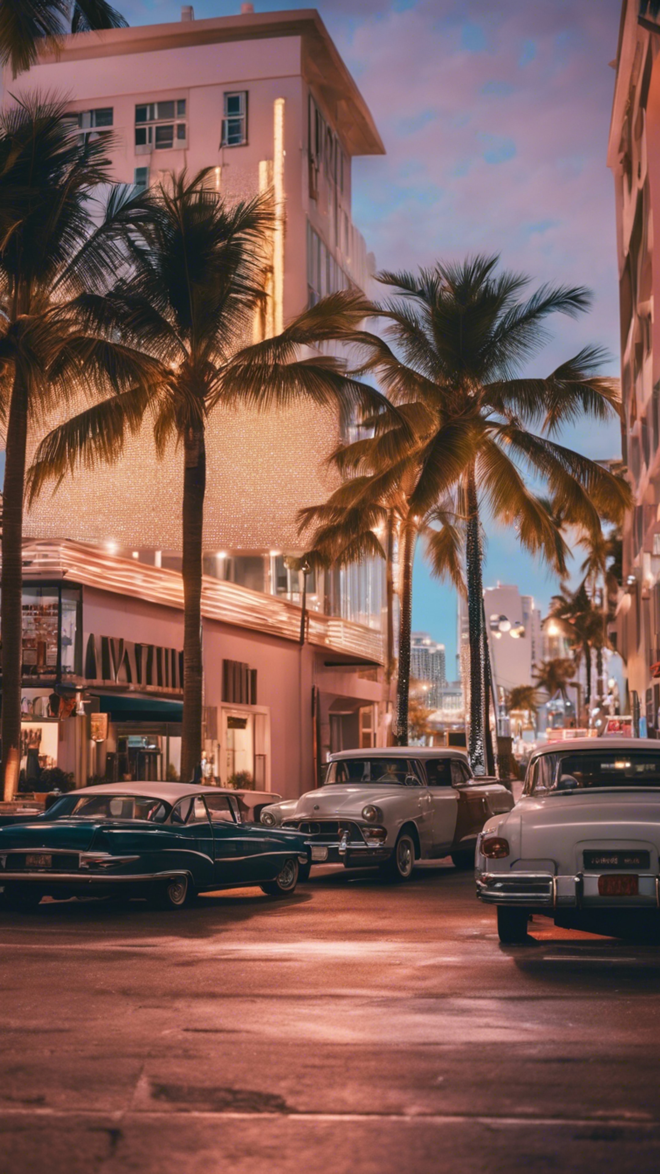 A bustling Miami Beach street scene, with art deco buildings and palm trees, vibrant nightlife atmosphere. Tapeta[c899e7f744884bb387cd]