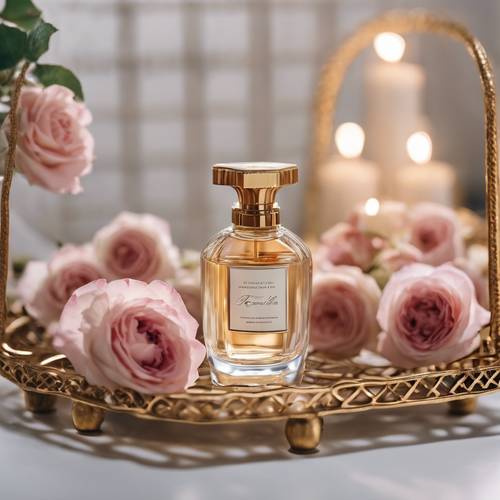 A bottle of luxury parfum carefully placed on lattice vanity tray with small roses along the edge.