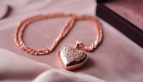 Un magnifique collier métallique en or rose avec un pendentif en forme de cœur, placé dans une luxueuse boîte en velours.