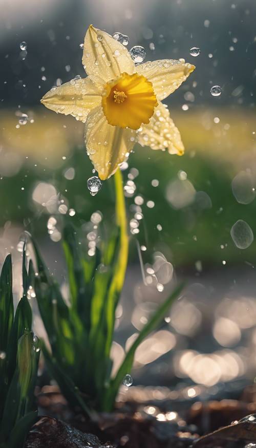 A dancing daffodil under the gentle spray of morning dew. Tapeta [a0992f956c99457ab15b]