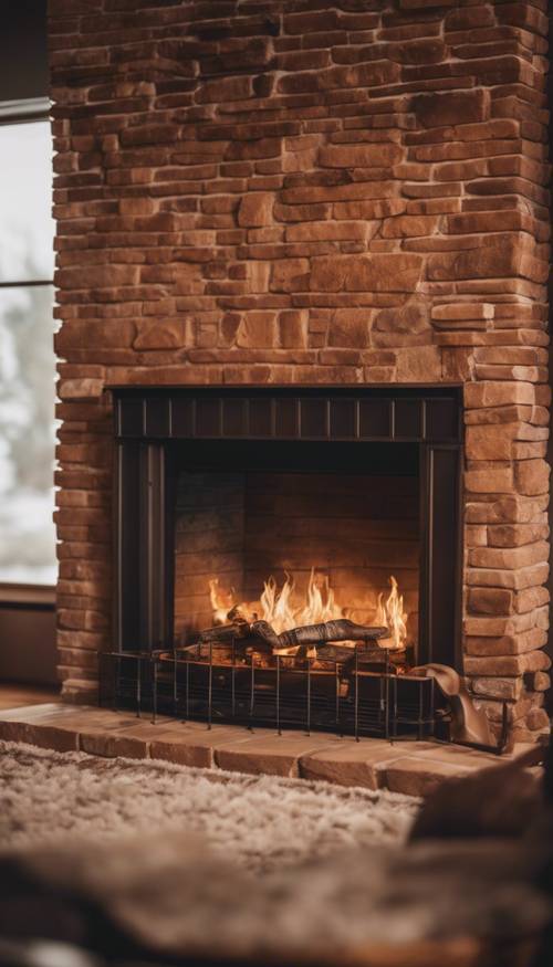 舒適、光線溫暖的客廳設有質樸的棕色磚壁爐。