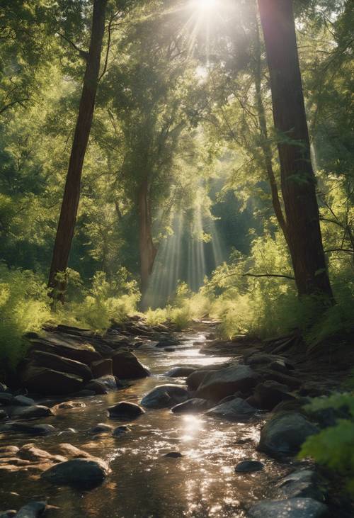 Un caluroso día de verano en el bosque, con la luz del sol filtrándose a través de los árboles y brillando en un arroyo escondido.
