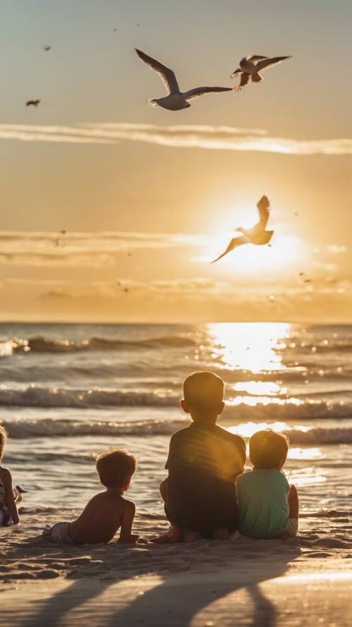 Uma tarde tranquila numa praia de Sarasota, com crianças a construir castelos de areia e gaivotas a sobrevoar.