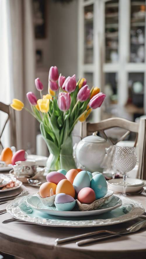 Ярко украшенный обеденный стол для пасхального бранча с разноцветными пасхальными яйцами, тюльпанами, полированным серебром и фарфоровой посудой.