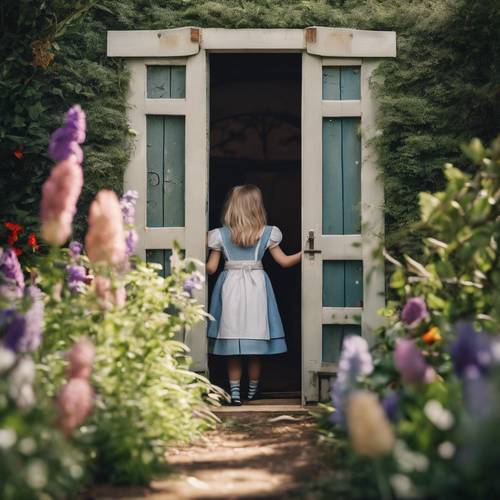 A enorme Alice espiando o jardim através de uma pequena porta.