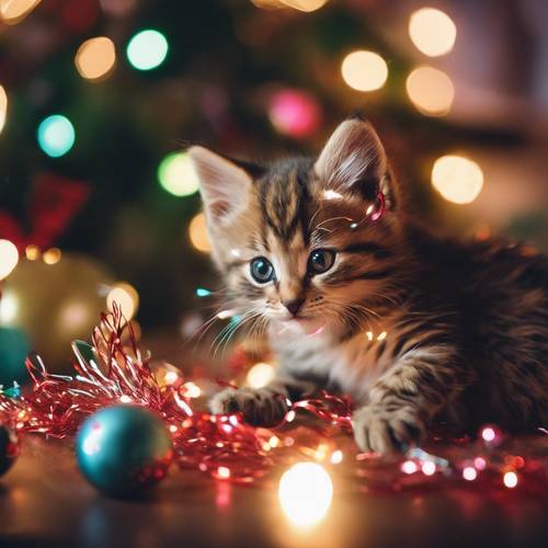 Un décor de Noël chaleureux avec des chatons jouant avec une boule de guirlandes colorées.