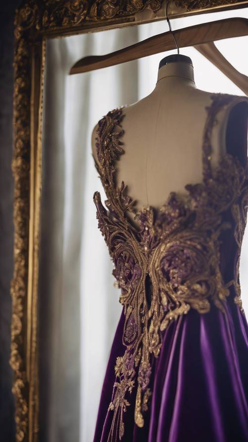Fioletowa aksamitna suknia z misternym złotym haftem, zawieszona na wieszaku.