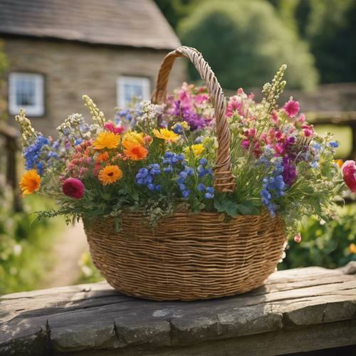 A woven basket filled to the brim with vibrant, diverse cottage garden flowers against a backdrop of a countryside cottage.