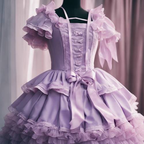 Gaun ungu pastel yang terinspirasi kawaii dengan embel-embel dan pita yang menawan.
