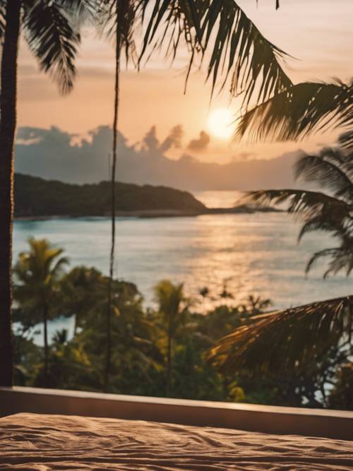 A dreamy bedroom view of the setting sun over a paradisiacal tropical island.