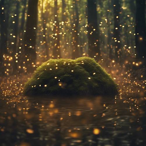 A peaceful forest scene with a profound saying floating mid-air surrounded by fireflies