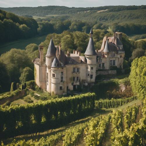 A scenic view of an abandoned château nestled in the hills of Burgundy, with overgrown vines clinging to its ancient stone walls.