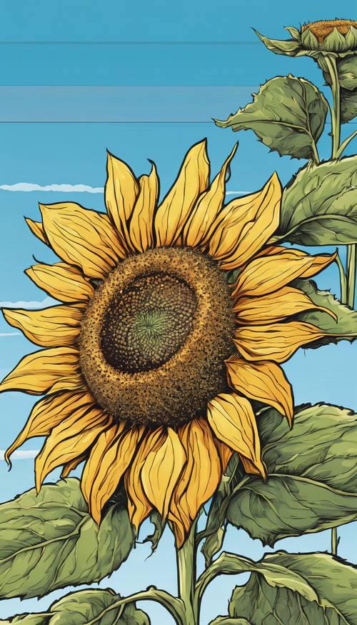 Eine botanische Illustration einer großen Cartoon-Sonnenblume vor dem Hintergrund eines klaren blauen Himmels.