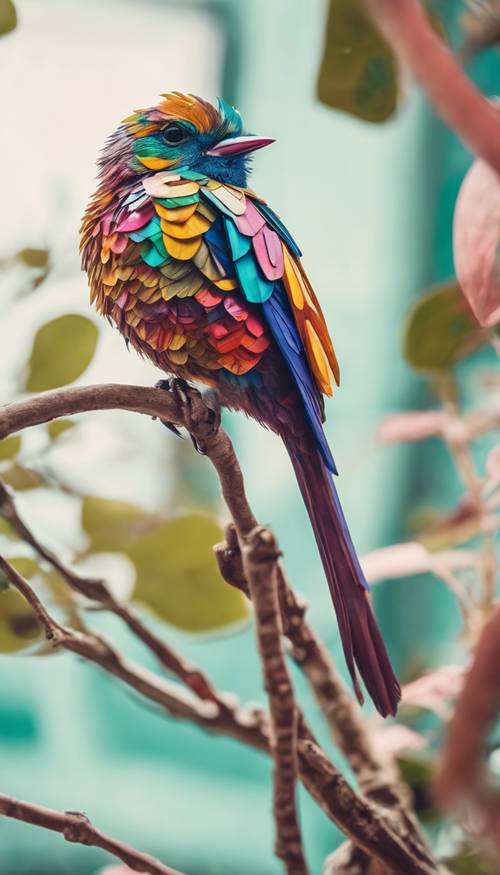 A multi-colored bird in an Art Deco style, perched on a geometrically styled branch Tapeta [77974a15f0264c02a1ba]