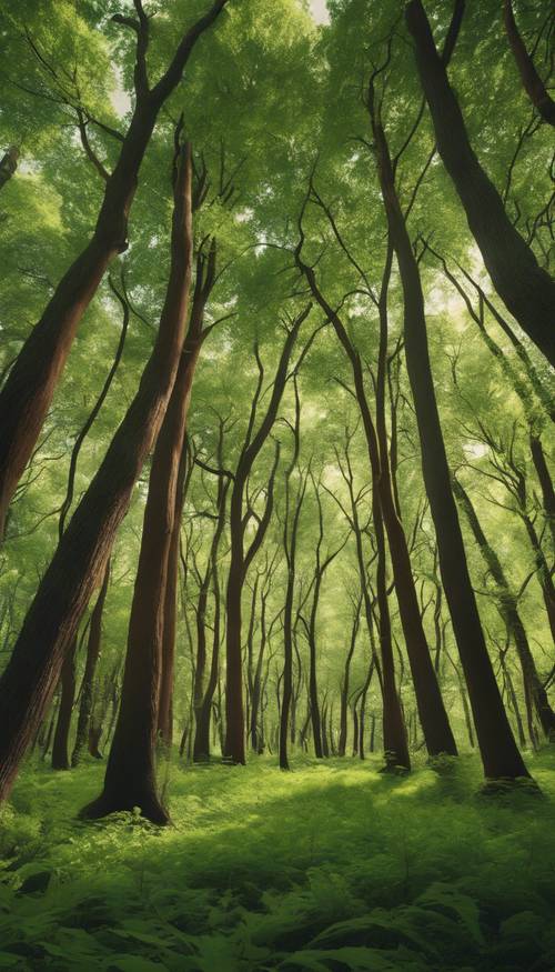 白天，鬱鬱蔥蔥的綠色森林裡有高聳的棕色樹木。