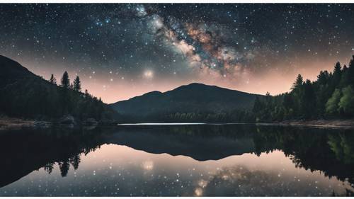 An enchanting starry night sky scene reflected in a calm mountain lake.