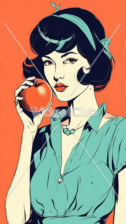 Arte laranja brilhante com uma senhora estilosa segurando uma maçã