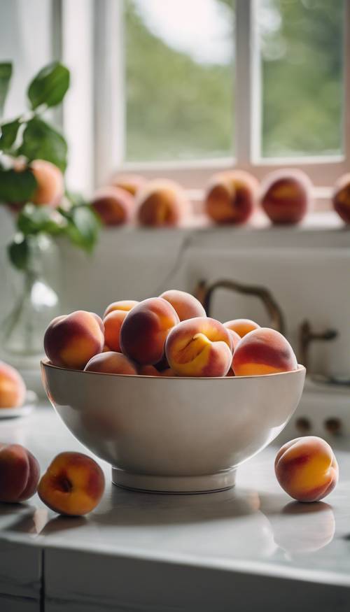 柔和散射的日光下，厨房柜台上摆放着一碗成熟桃子的静物。