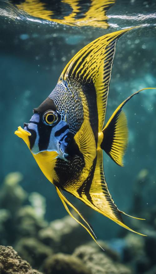 A perfectly mirrored image of an angelfish, swimming through crystal clear water.