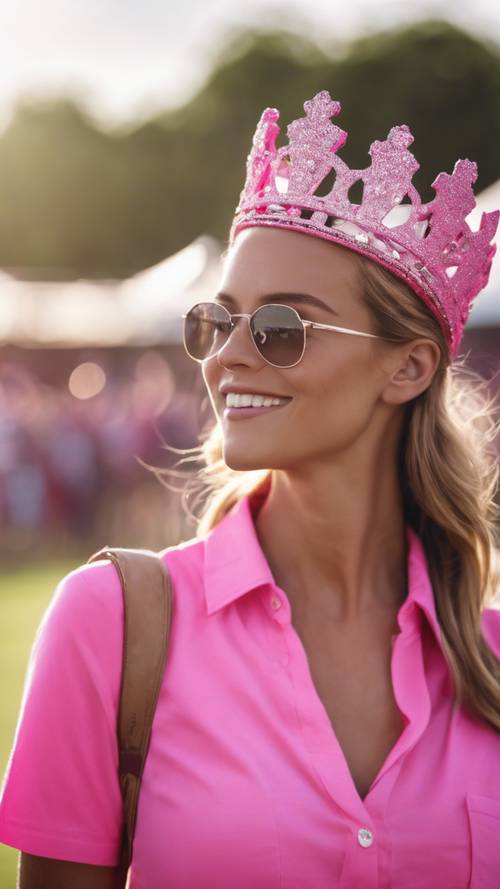 Preppy woman in neon pink shirt and glittering crown at a polo match.