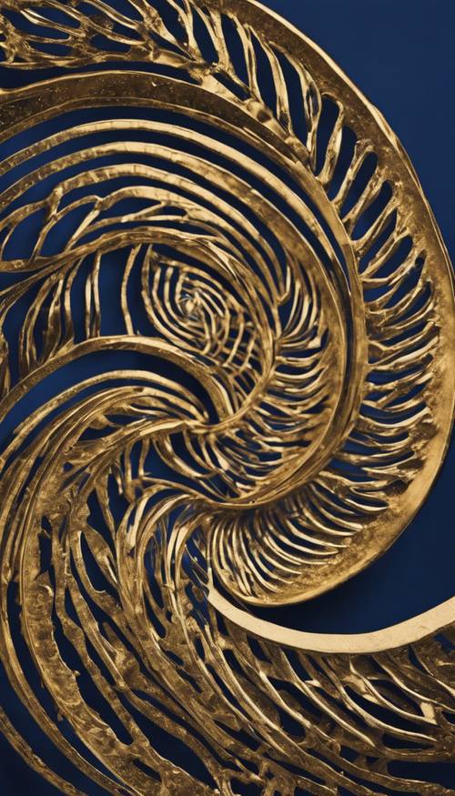 Uma imagem de close-up de um desenho espiral de Fibonacci dourado sobre um fundo azul profundo.