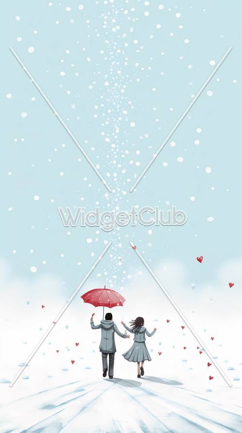 Día nevado con paraguas rojo y corazones
