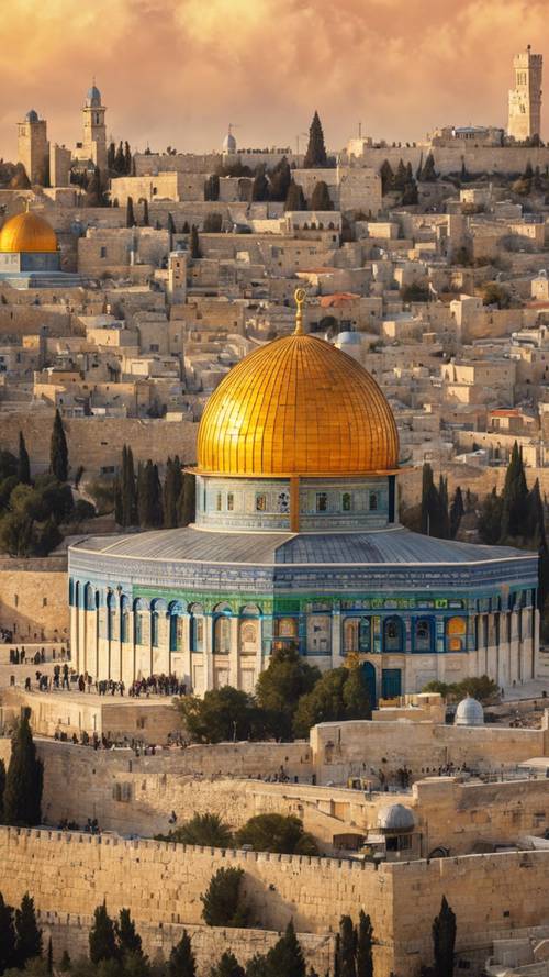 Uma vista panorâmica de Jerusalém sob um pôr do sol dramático, com destaque para a Cúpula da Rocha.