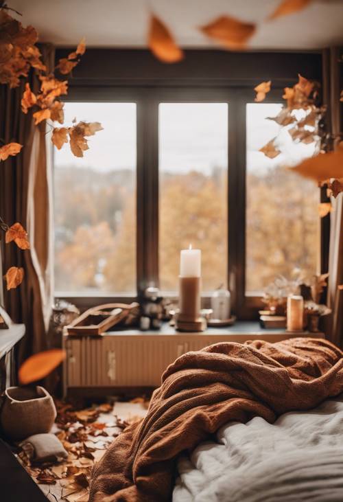 Chambre moderne d&#39;inspiration française sur le thème de l&#39;automne avec des couleurs chaudes et une décoration chic.