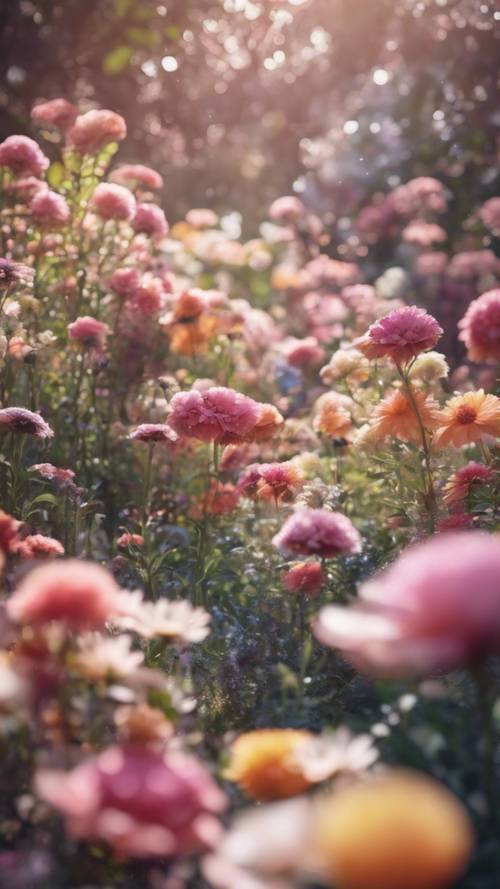 Um jardim mágico florescendo com flores coloridas em um sonho.