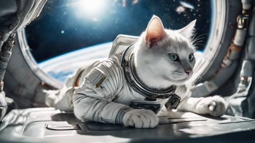 Un rendering fantascientifico di un gatto bianco con indosso una tuta da astronauta, che fluttua in assenza di gravità sullo sfondo della Terra vista dallo spazio.